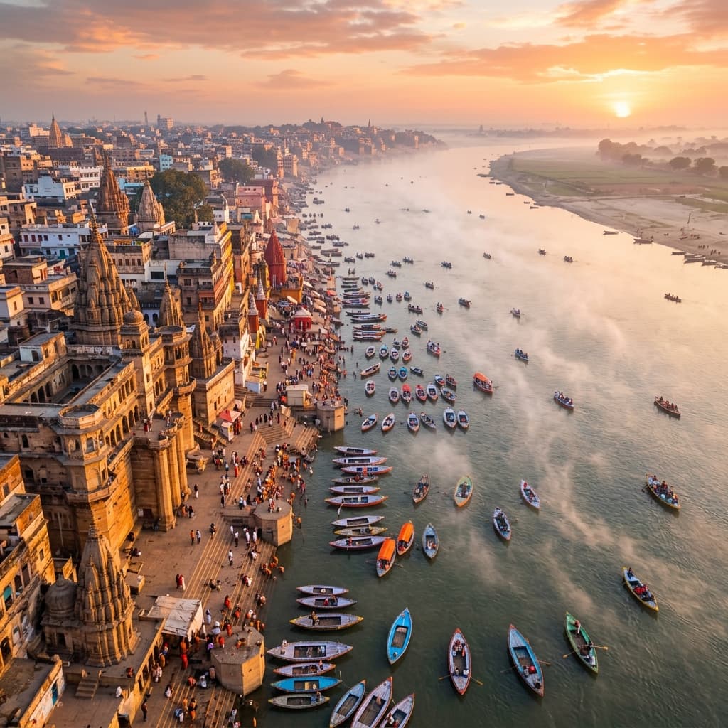The riverside ghats of Varanasi overlooking the Ganges